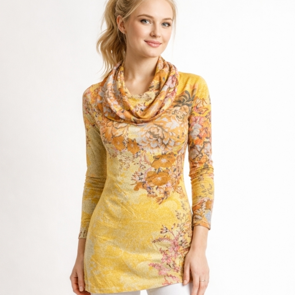 New One World Cowl Neck Butter Yellow Print Knit Feminine Coastal Soft Tunic NWT